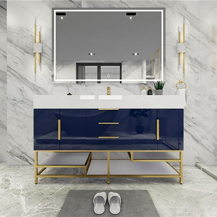 Blossom Freestanding Bathroom Vanity With Acrylic Sink, Drawers, Open Shelf Storage & Gold Hardware & Frame