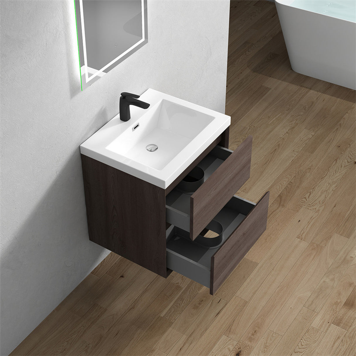 Luxury Kingdom Floating / Wall Mounted Bathroom Vanity With Acrylic Sink, Farmhouse Bath Vanity W/ Storage Cabinet