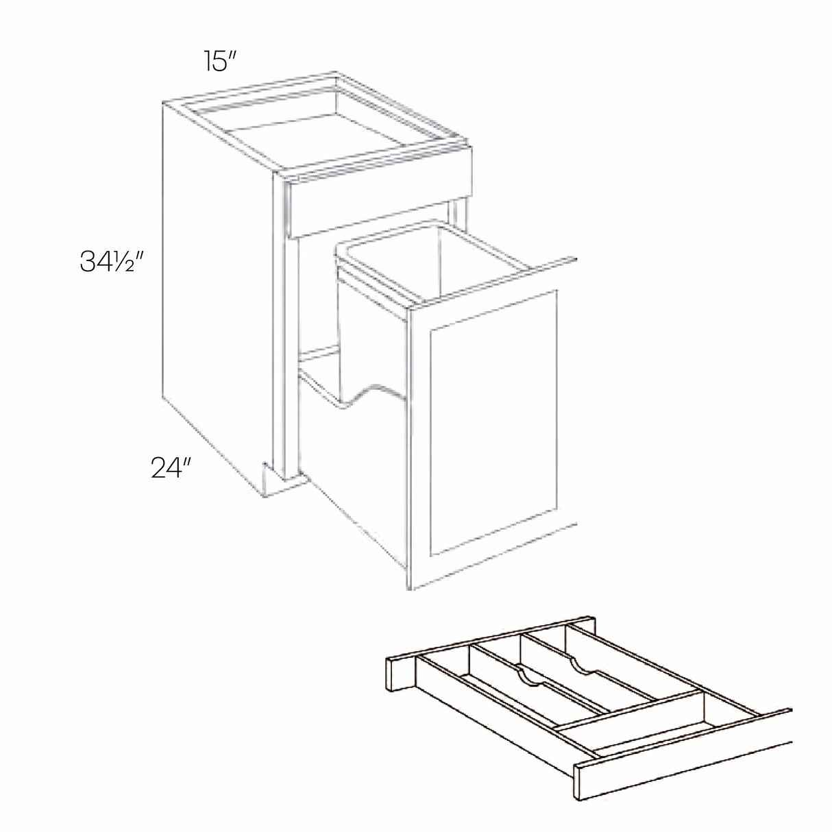 Park Avenue White - Ready to Assemble - 15"W x 34.5"H x 24"D - Single Basket - Waste Basket Cabinet W/ Wooden Cutlery