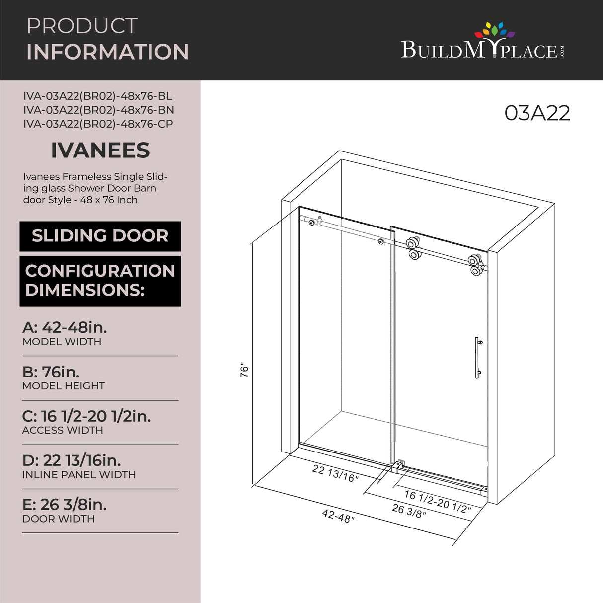 Ivanees Single Sliding Frameless Shower Door 8mm Clear Tempered Glass - Barn Door Style