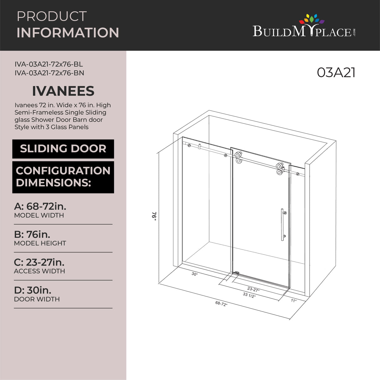 Ivanees 72 In. W X 76 In. H Frameless Single Sliding Glass Shower Door With 3 Glass Panels & 8mm Clear Tempered Glass- Barn Door Style