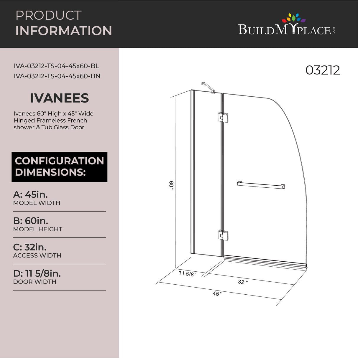 Ivanees 60 In. H x 45 In. W Hinged Frameless French Glass Bathtub Door