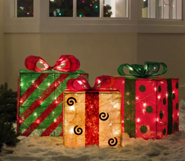 Set of 3 Gold  Green and Red Sisal Gift Boxes Lighted Christmas Yard Art