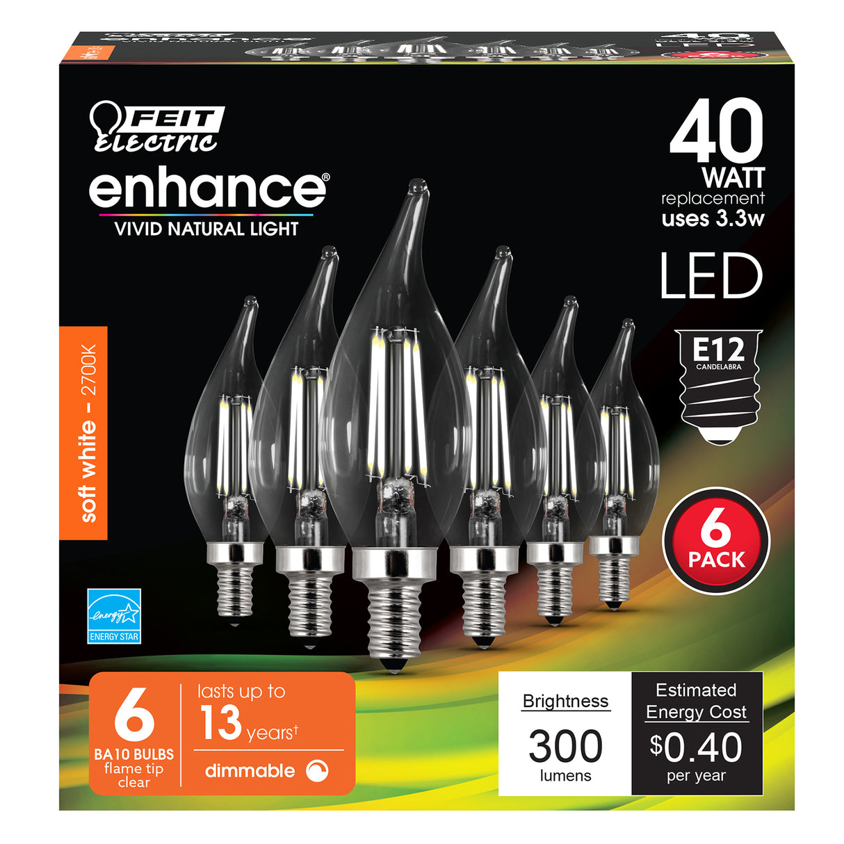 LED Light Bulbs, Candelabra Base, E12, Dimmable, Decorative Chandelier Bulb, Filament Clear Glass, 6 Pack