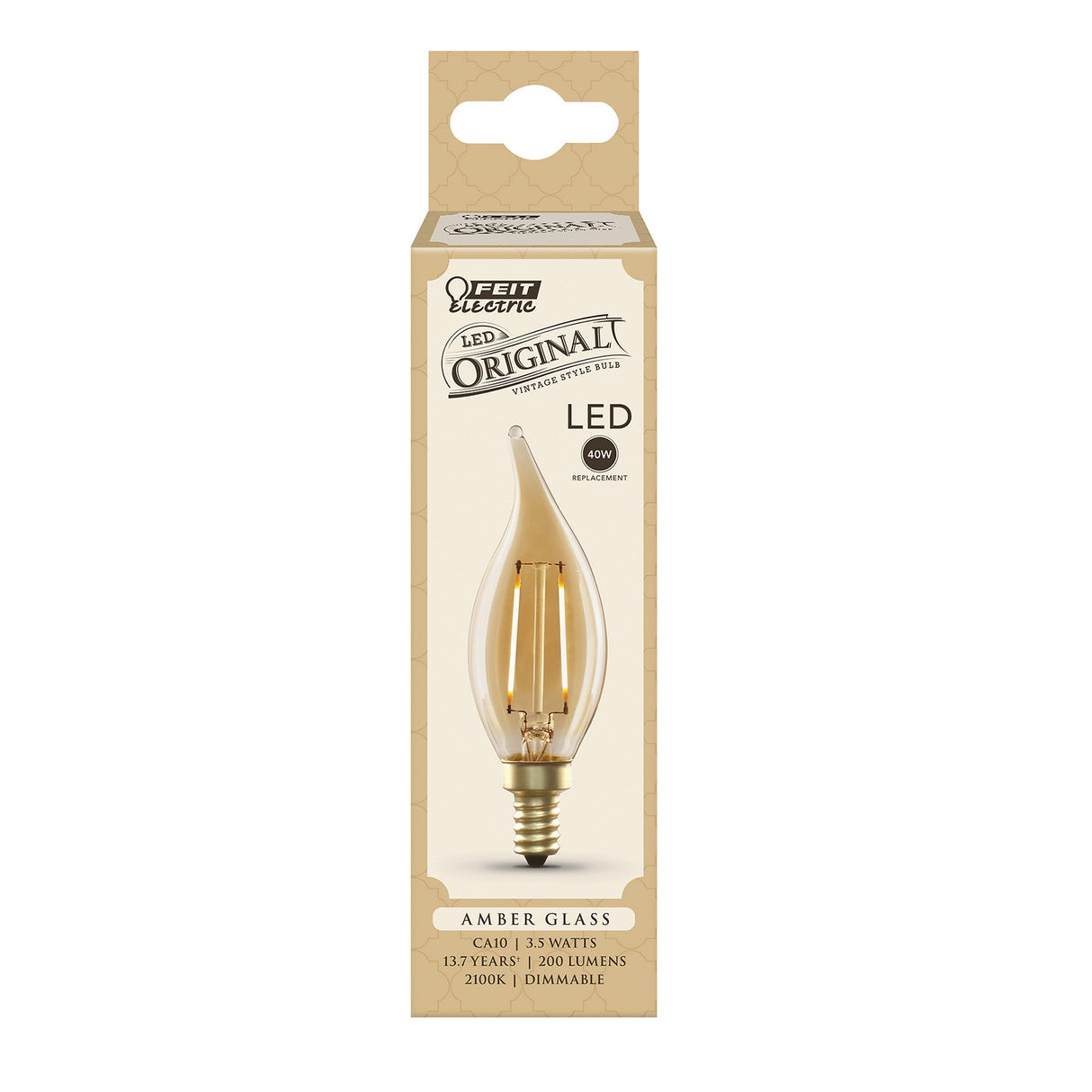 Vintage LED Light Bulb, 3.5 Watts, Candelabra E12, Flame Tip, Amber glass, 200 Lumens, 2100K, Decorative Bulb