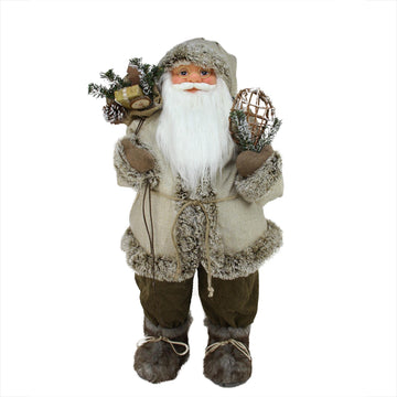 32" Alpine Chic Beige and Brown Burlap and Corduroy Standing Santa with Snowshoes and Gift Bag