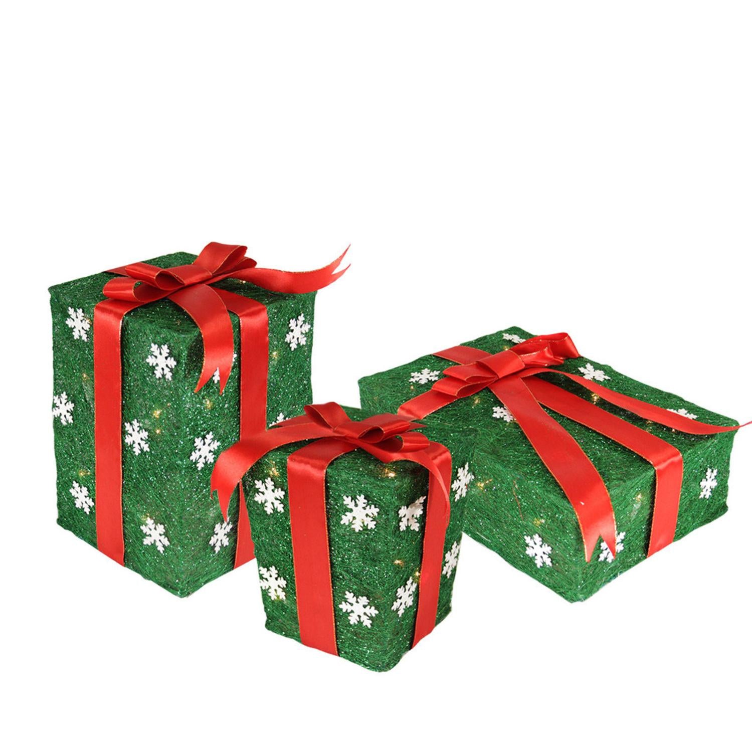 Set of 3 Green Snowflake Sisal Gift Boxes Lighted Christmas Outdoor Decorations