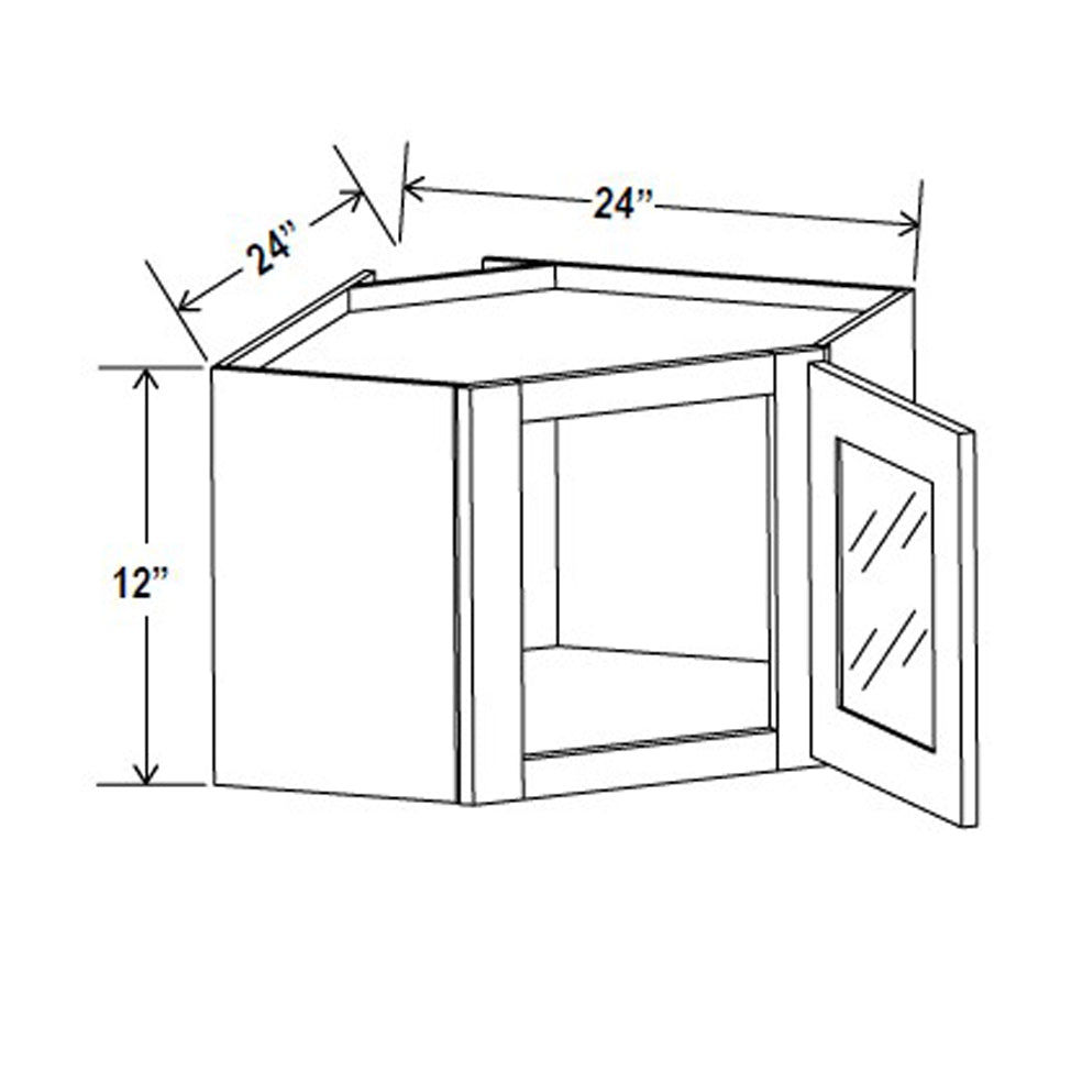 Wall Diagonal Glass Door Corner Cabinet - 24W x 12H x 12D - 1D -2S - Grey Shaker Cabinet