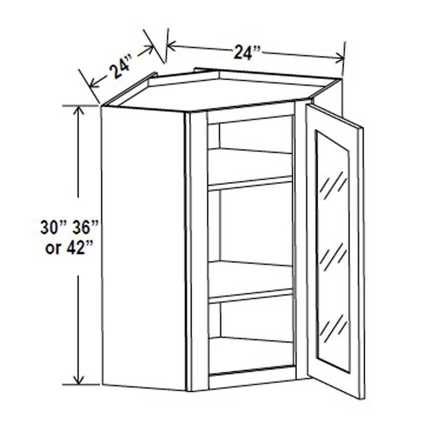 Wall Diagonal Glass Door Corner Cabinet - 24W x 30H x 12D - 1D -2S - Blue Shaker Cabinet