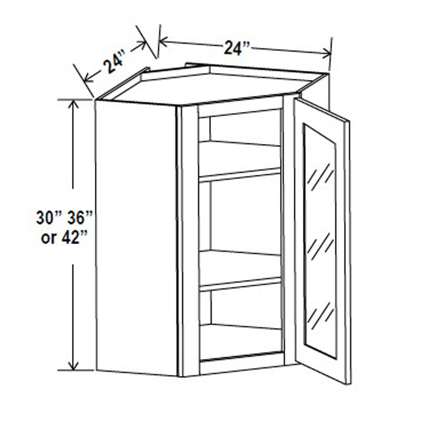 Wall Diagonal Glass Door Corner Cabinet - 24W x 42H x 12D - 1D -3S - Blue Shaker Cabinet