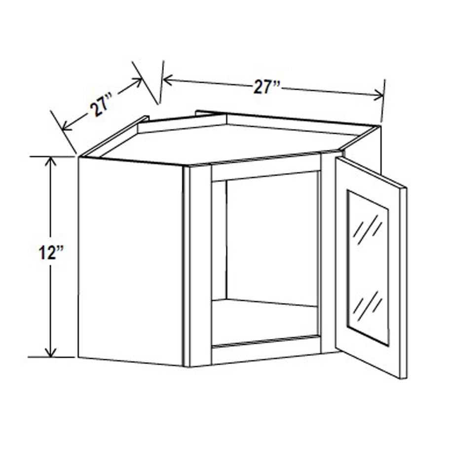 Wall Diagonal Glass Door Corner Cabinet - 27W x 12H x 12D x 1D -3S - Aria White Shaker