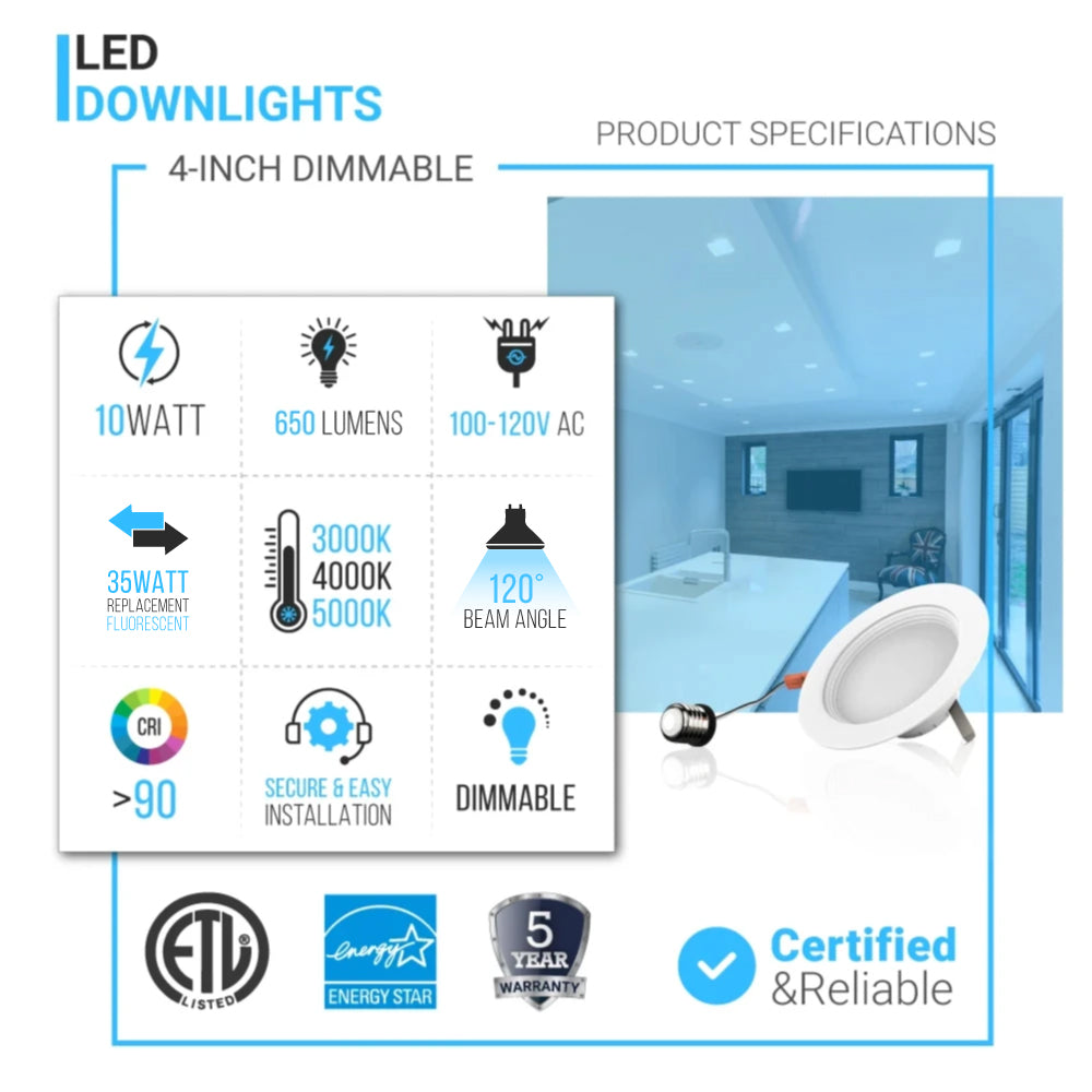 LEDmyplace 4-Inch Dimmable LED Downlights / Can Lights, Recessed Ceiling Light Fixture, 10W, Retrofit, CRI 90+