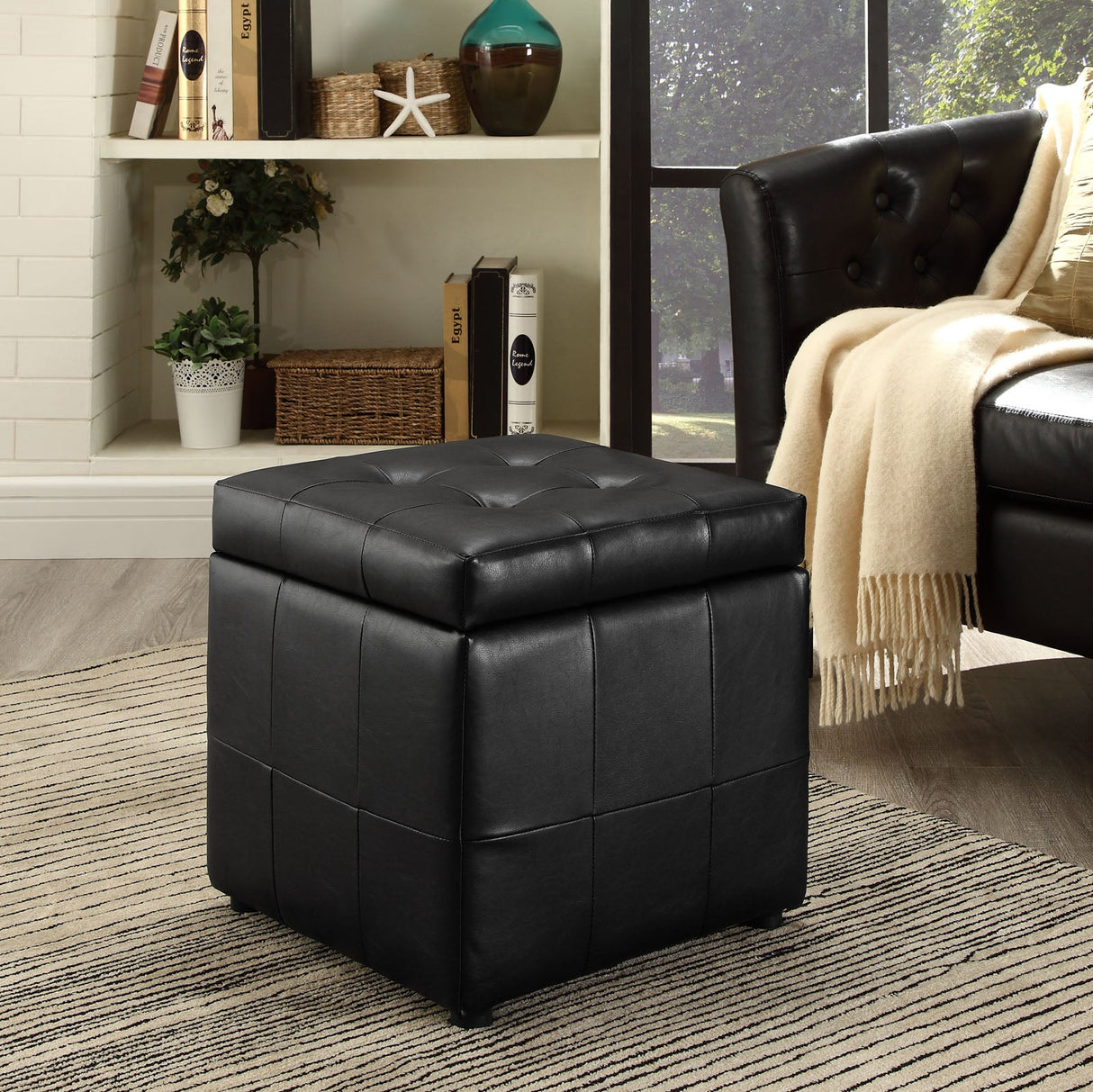 Volt Tufted Faux Leather Upholstered Storage Ottoman Cube In Black Color - BUILDMYPLACE