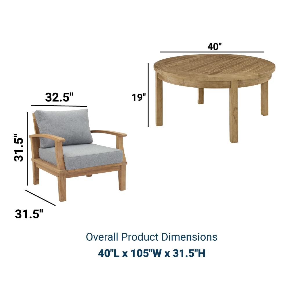 Marina 3 Piece Outdoor Patio Teak Set W/ Coffee Table - BUILDMYPLACE