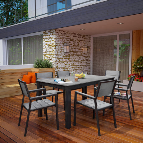 Maine 7 Piece With 63" Table outdoor Patio Dining Set - Wooden Dining Room Table - BUILDMYPLACE