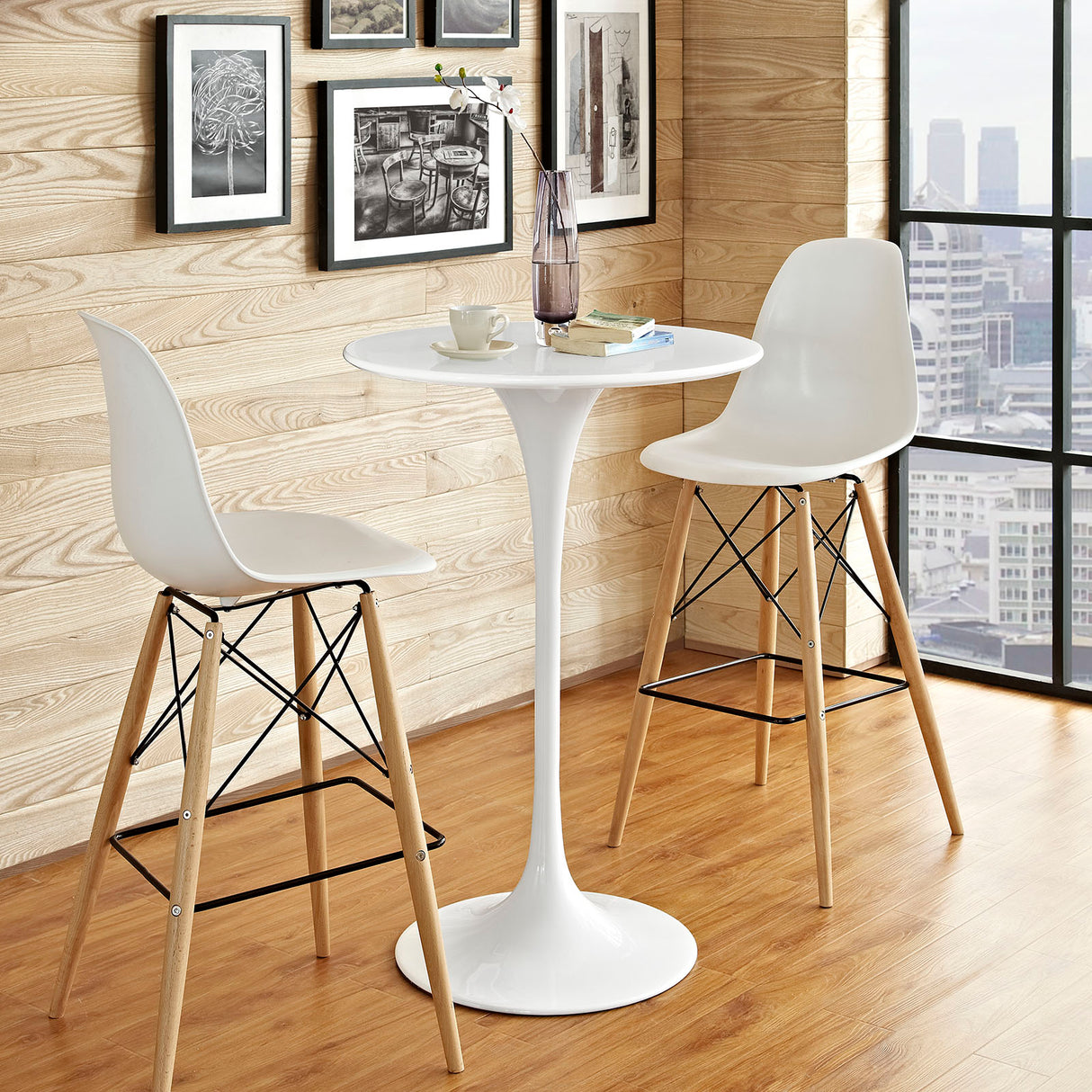 Lippa 28" Round Wood Bar Table In White Stand - Pub Table Round Bar Height Cocktail Table Metal Base - BUILDMYPLACE