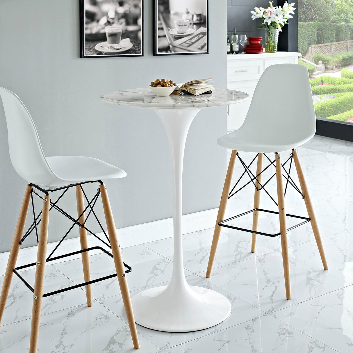 Lippa 28" Round Artificial Marble Top Bar Table In White Stand - Counter Height Table 41"H - BUILDMYPLACE