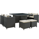 Sojourn 9 Piece Outdoor Patio Sunbrella Dining Set With Patio Stool