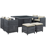 Summon 9 Piece Outdoor Patio Sunbrella Dining Set With Ottoman - BUILDMYPLACE