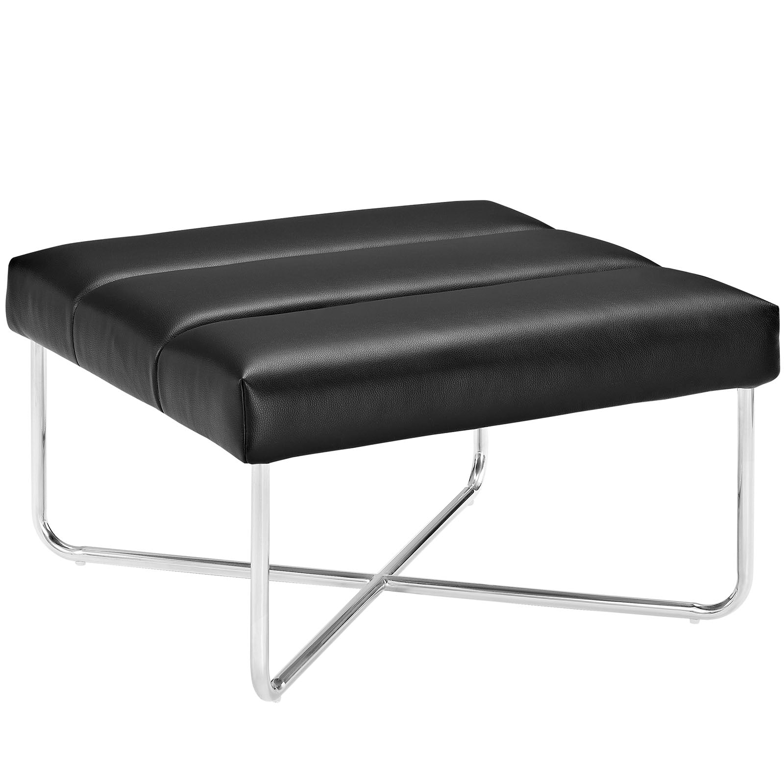Modern Glam Black Tufted and Silver Steel Ottoman- Square Reach Upholstered Ottoman Coffee Table In Black With Footcaps