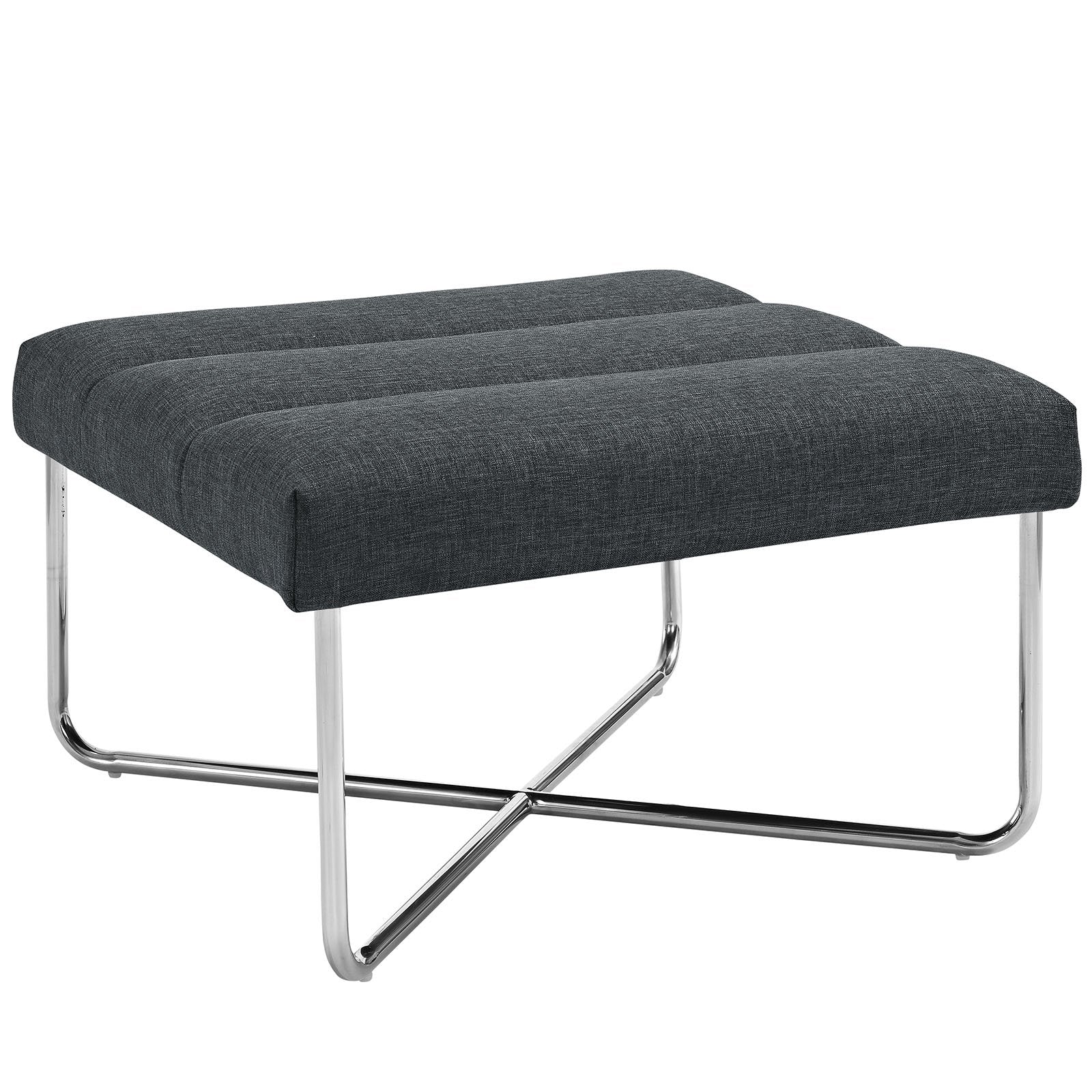 Modern Black Tufted And Silver Steel Ottoman In Fabric- Square Reach Upholstered Ottoman Coffee Table In Black With Footcaps
