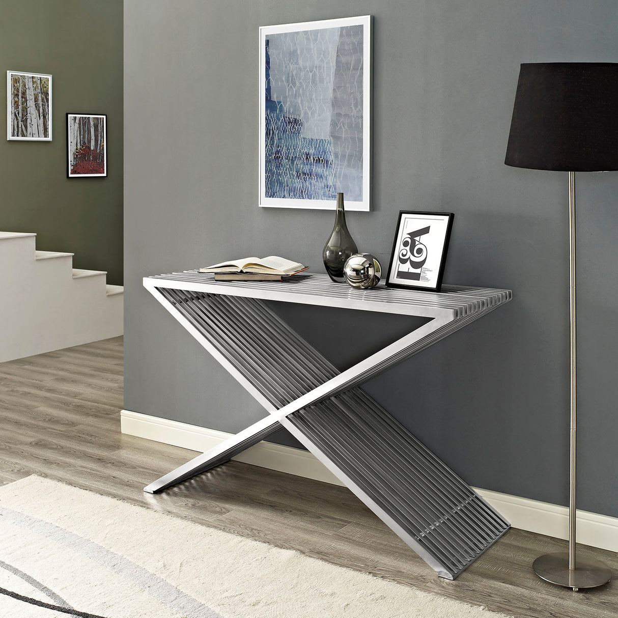 Modern Stainless Steel Press Console Table - Silver Console Table With Brushed Stainless Steel Tube - BUILDMYPLACE