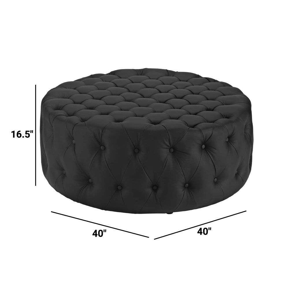 Luxurious  Round Design Amour Upholstered Vinyl Oversized Tufted Button Ottoman - Black