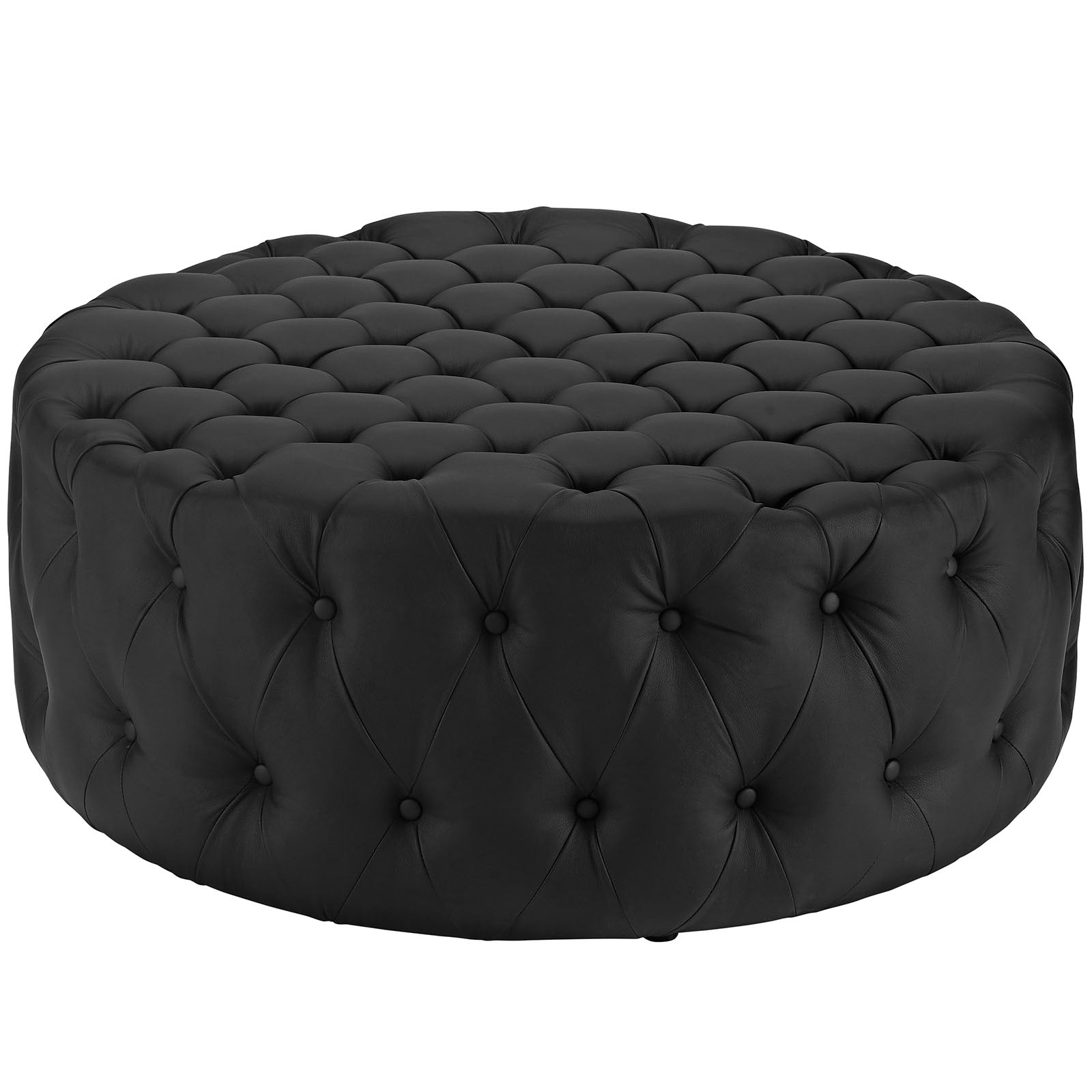 Luxurious  Round Design Amour Upholstered Vinyl Oversized Tufted Button Ottoman - Black