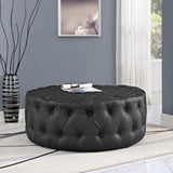 Luxurious  Round Design Amour Upholstered Vinyl Oversized Tufted Button Ottoman - Black