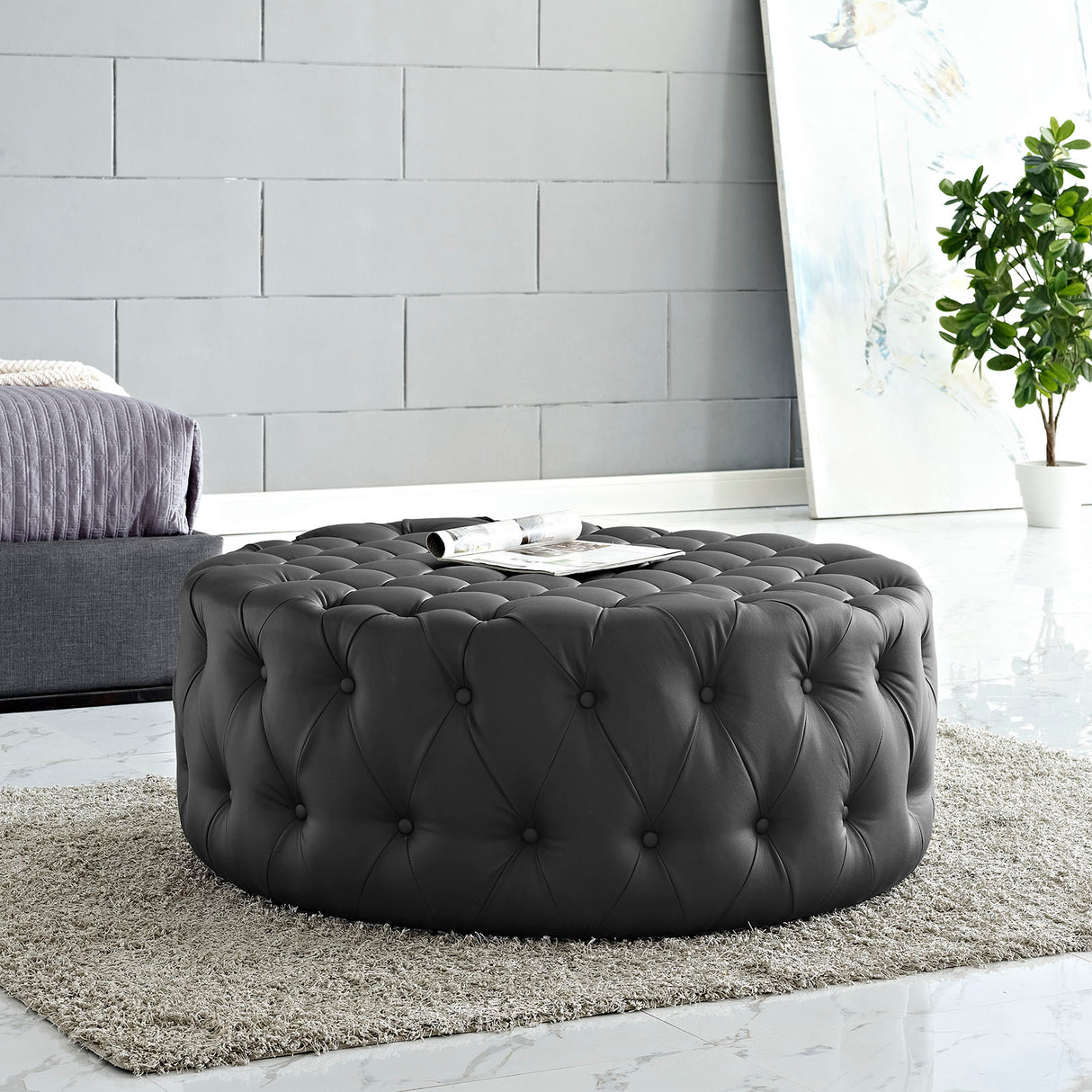 Luxurious  Round Design Amour Upholstered Vinyl Oversized Tufted Button Ottoman - Black