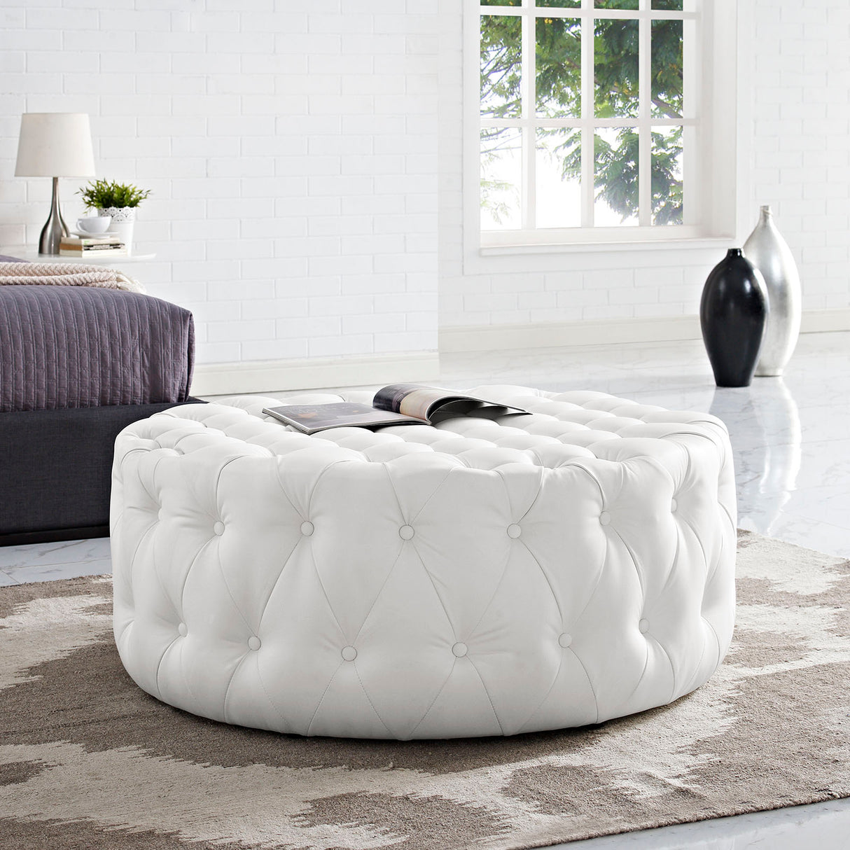 Luxurious  Round Design Amour Upholstered Vinyl Oversized Tufted Button Ottoman - Black