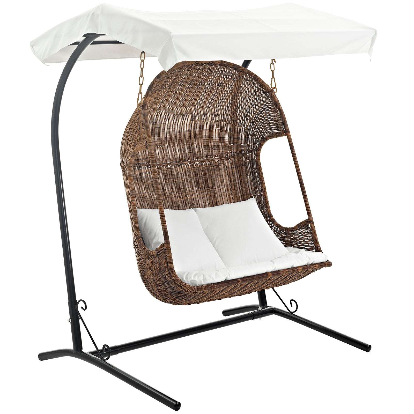 Hanging Wicker Chair With 2 Pillows - Vantage Outdoor Patio Swing Chair With Stand - With White Cushions