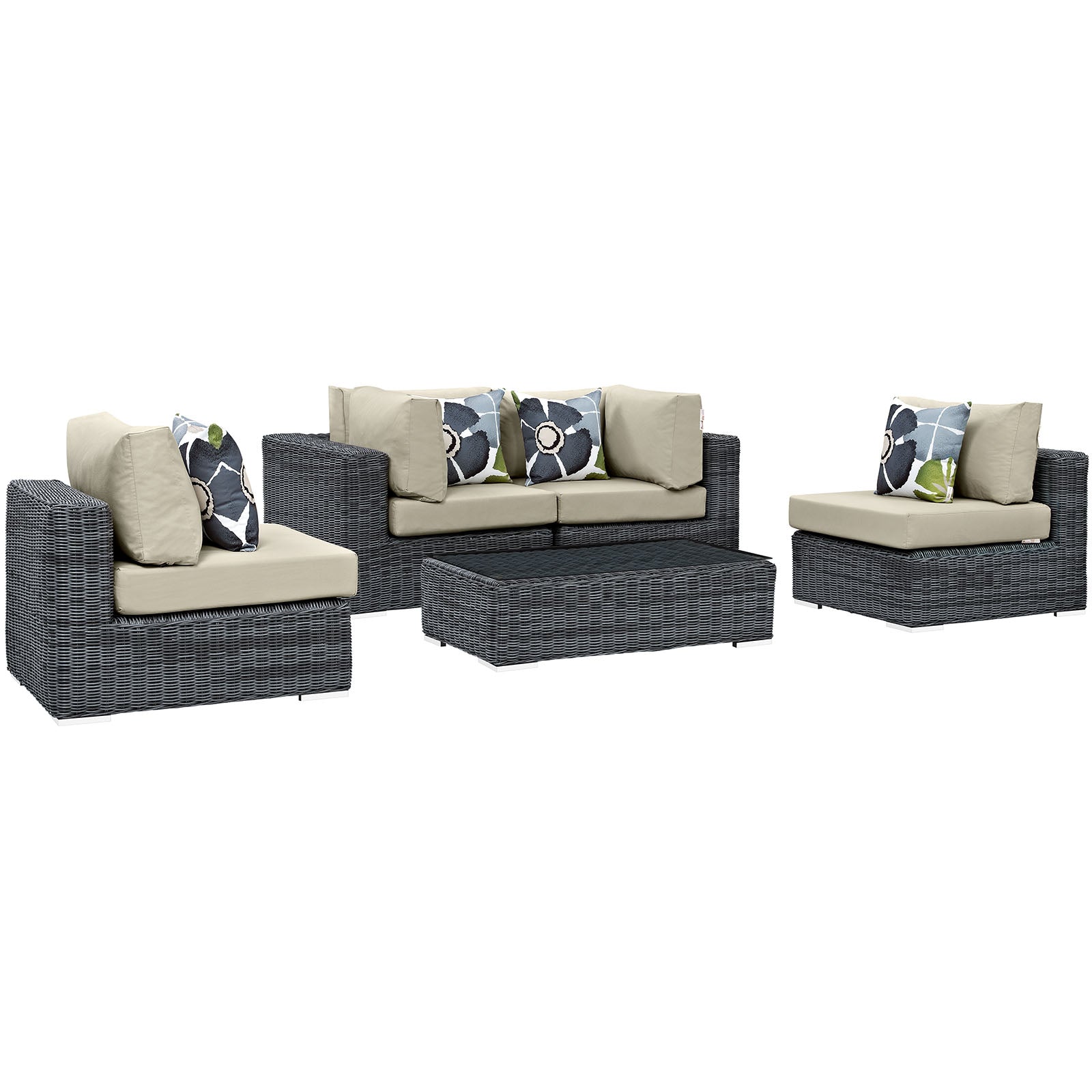 Summon 5 Piece Outdoor Patio Sunbrella Sectional Set With Table and Pillows