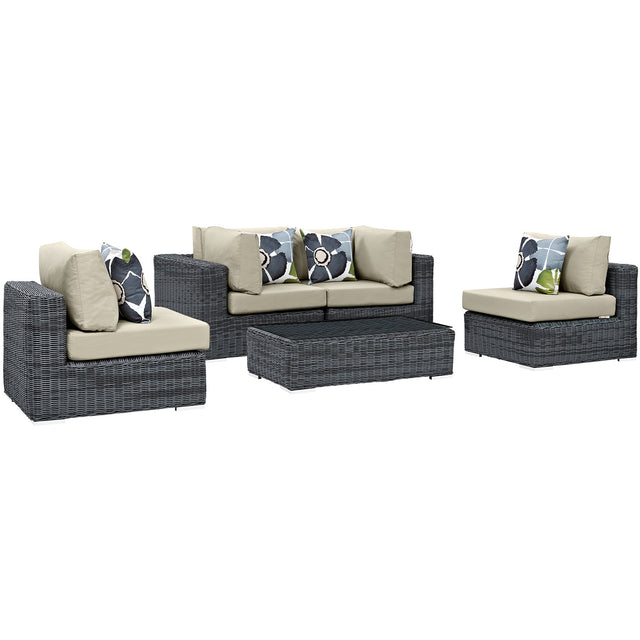 Summon 5 Piece Outdoor Patio Sunbrella Sectional Set With Table and Pillows - BUILDMYPLACE