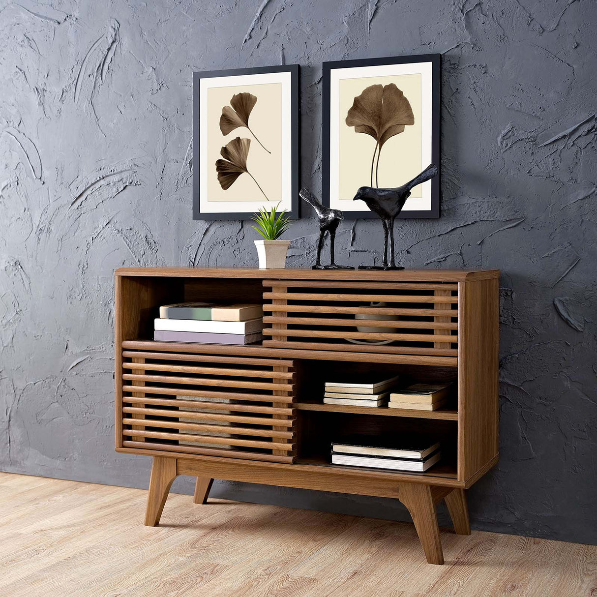 Modern Render Display Floor Stand Cabinet - Book Matched TV Stand With Open Shelf - BUILDMYPLACE