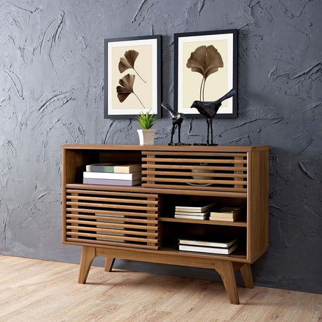 Modern Render Display Floor Stand Cabinet - Book Matched TV Stand With Open Shelf - BUILDMYPLACE