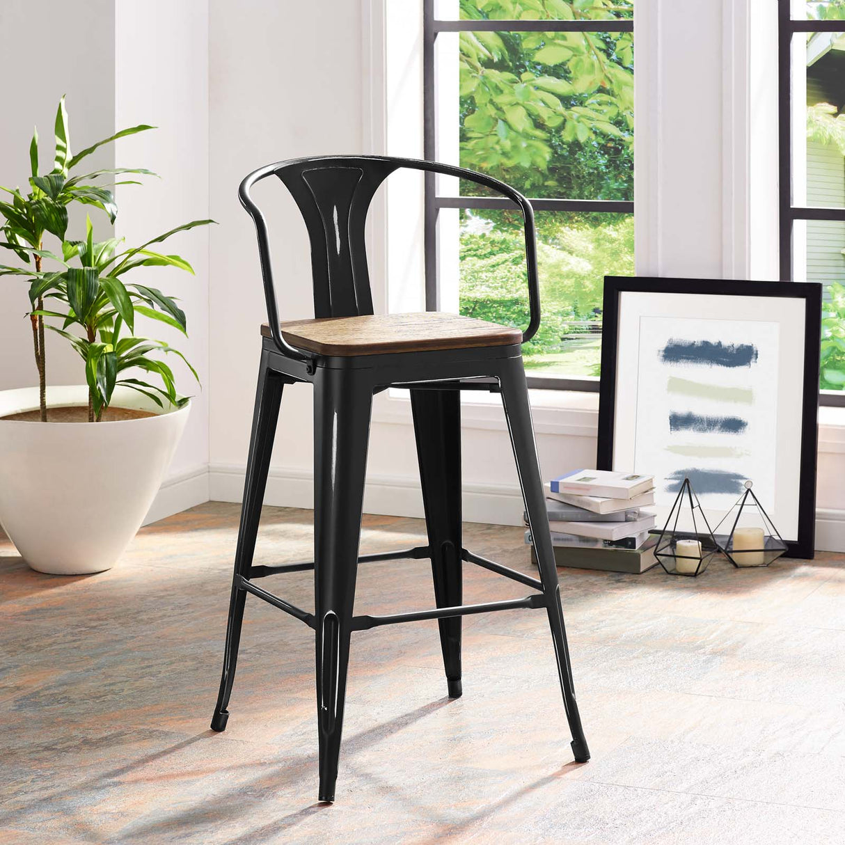 Industrial Promenade Bistro Bar Stool With Arms And Bamboo Seat - Farmhouse Bar Chairs - BUILDMYPLACE