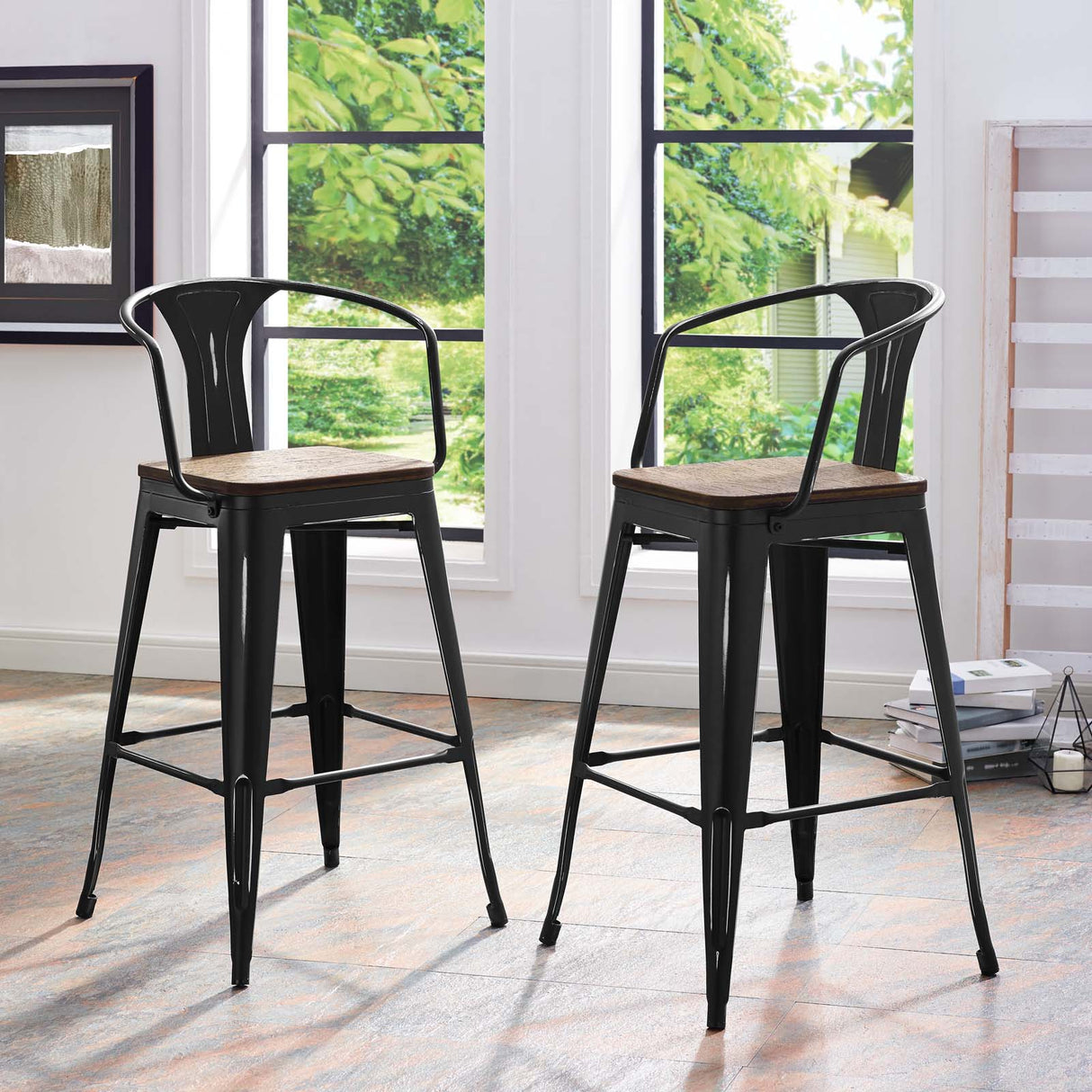 Industrial Promenade Bistro Bar Stool With Arms And Bamboo Seat - Farmhouse Bar Chairs - BUILDMYPLACE