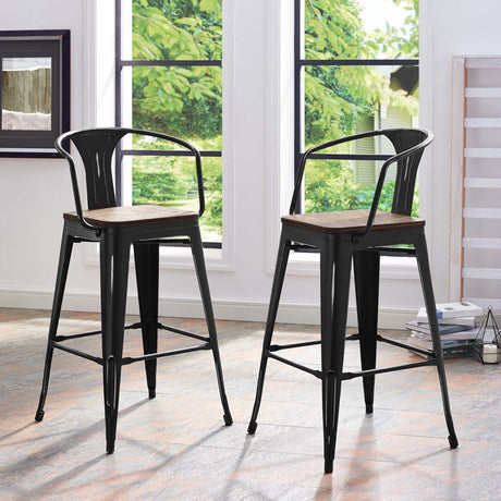 Industrial Promenade Bistro Bar Stool With Arms And Bamboo Seat - Farmhouse Bar Chairs - BUILDMYPLACE