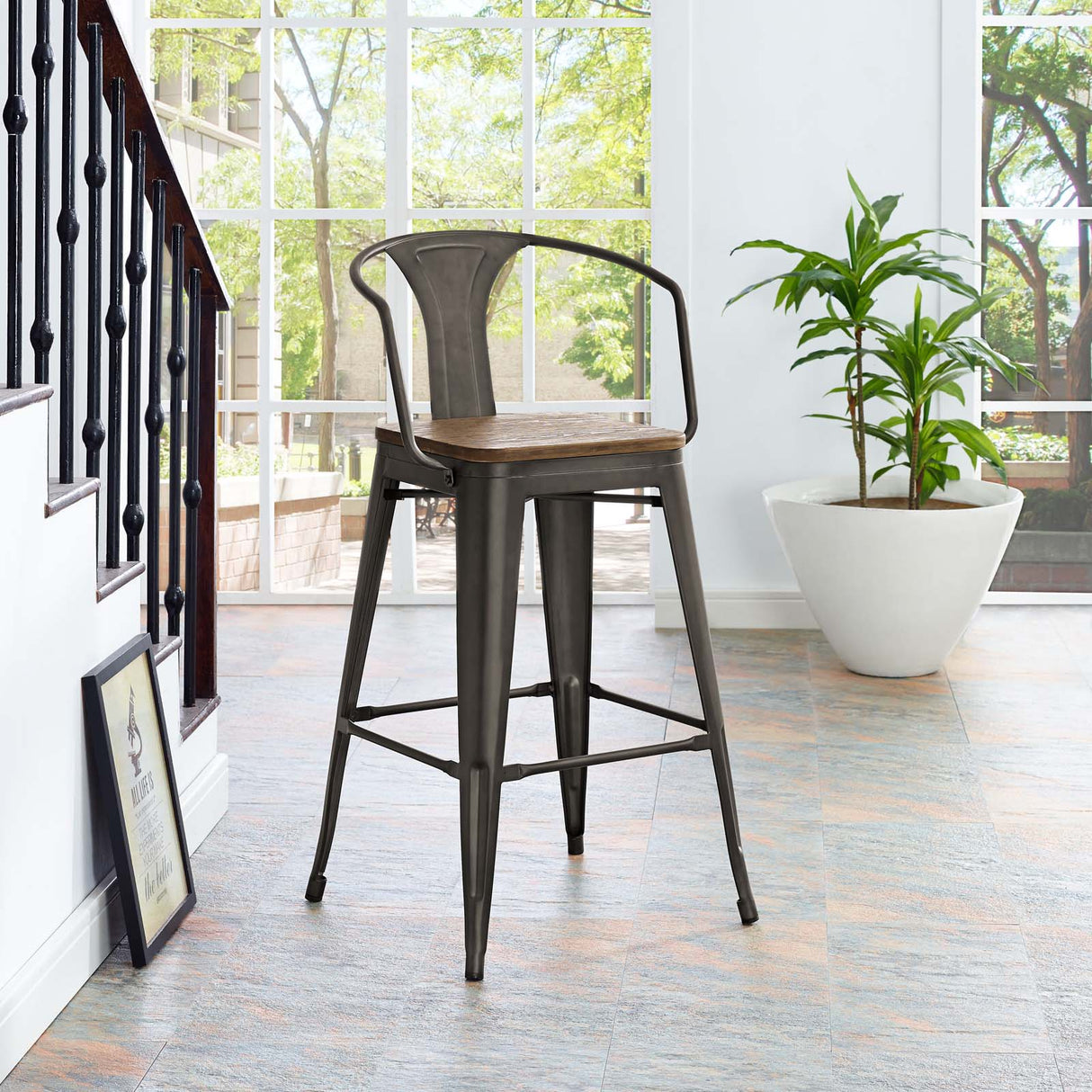 Industrial Promenade Bistro Bar Stool With Arms And Bamboo Seat - Farmhouse Bar Chairs - BUILDMYPLACE