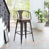 Industrial Promenade Bistro Bar Stool With Arms And Bamboo Seat - Farmhouse Bar Chairs - BUILDMYPLACE