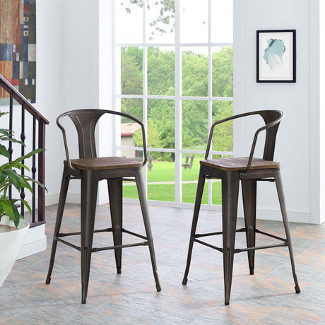 Industrial Promenade Bistro Bar Stool With Arms And Bamboo Seat - Farmhouse Bar Chairs - BUILDMYPLACE