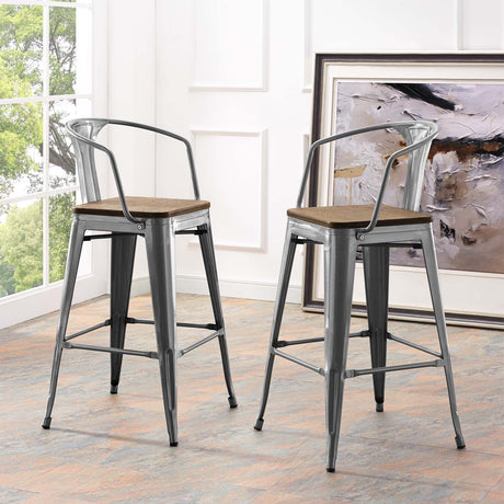 Industrial Promenade Bistro Bar Stool With Arms And Bamboo Seat - Farmhouse Bar Chairs - BUILDMYPLACE