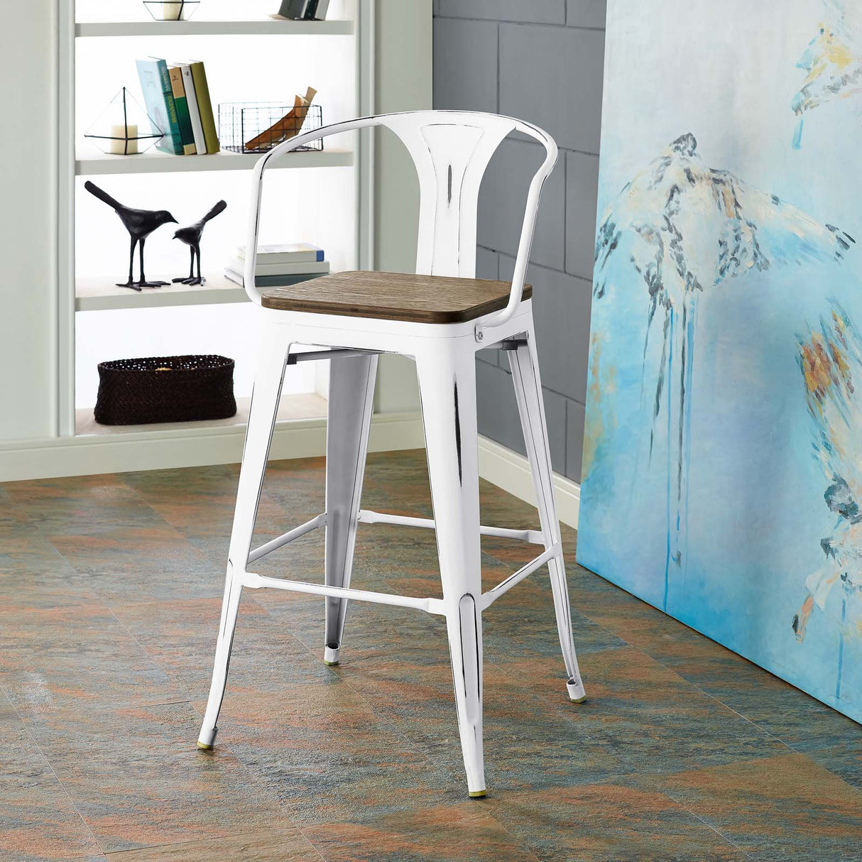 Industrial Promenade Bistro Bar Stool With Arms And Bamboo Seat - Farmhouse Bar Chairs - BUILDMYPLACE