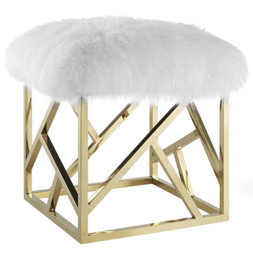 Modern Contemporary Intersperse Square Gold Footstool Ottoman With Sheepskin Top - White