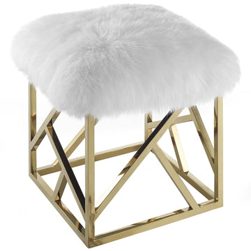 Modern Contemporary Intersperse Square Gold Footstool Ottoman With Sheepskin Top - White