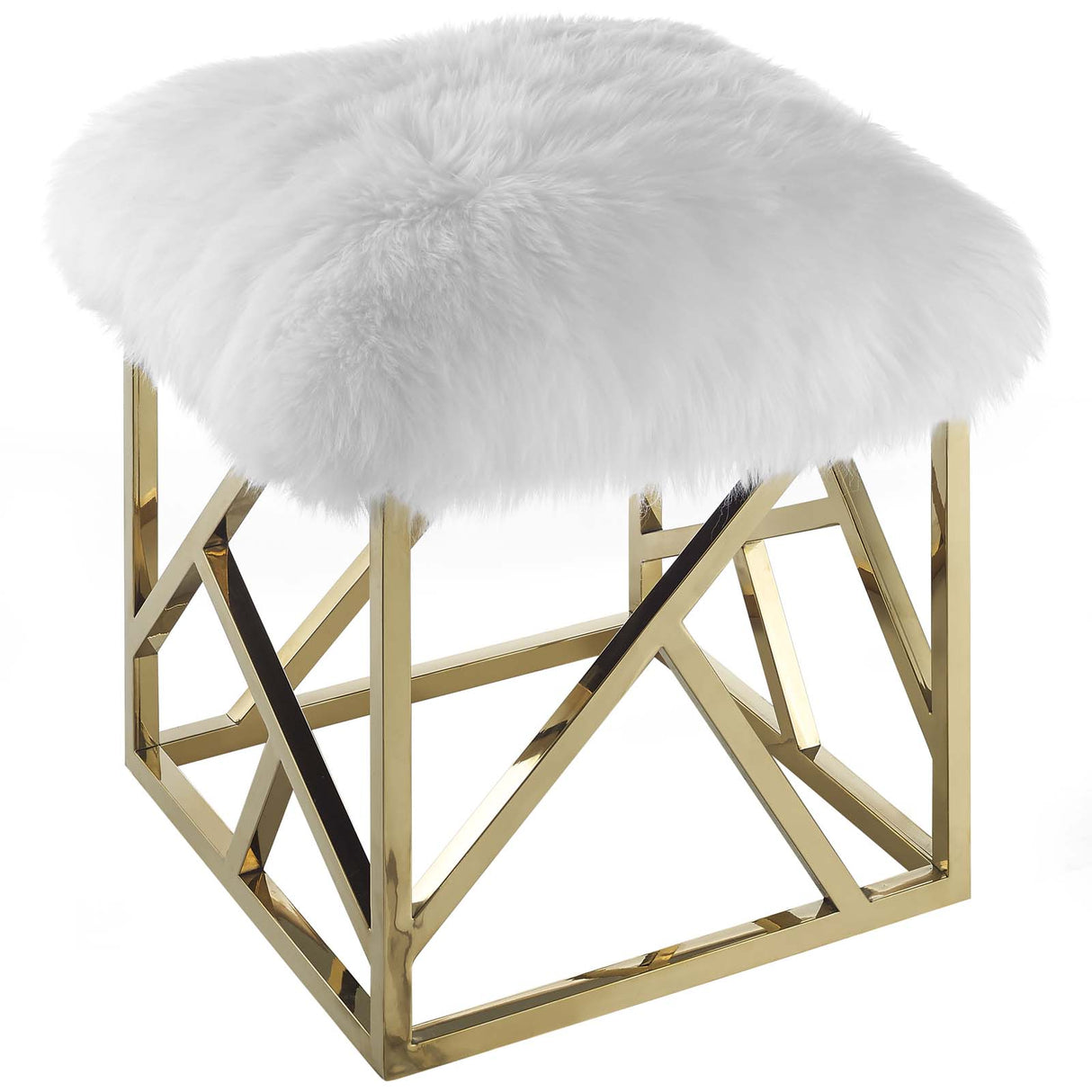 Modern Contemporary Intersperse Square Gold Footstool Ottoman With Sheepskin Top - White - BUILDMYPLACE