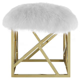 Modern Contemporary Intersperse Square Gold Footstool Ottoman With Sheepskin Top - White - BUILDMYPLACE