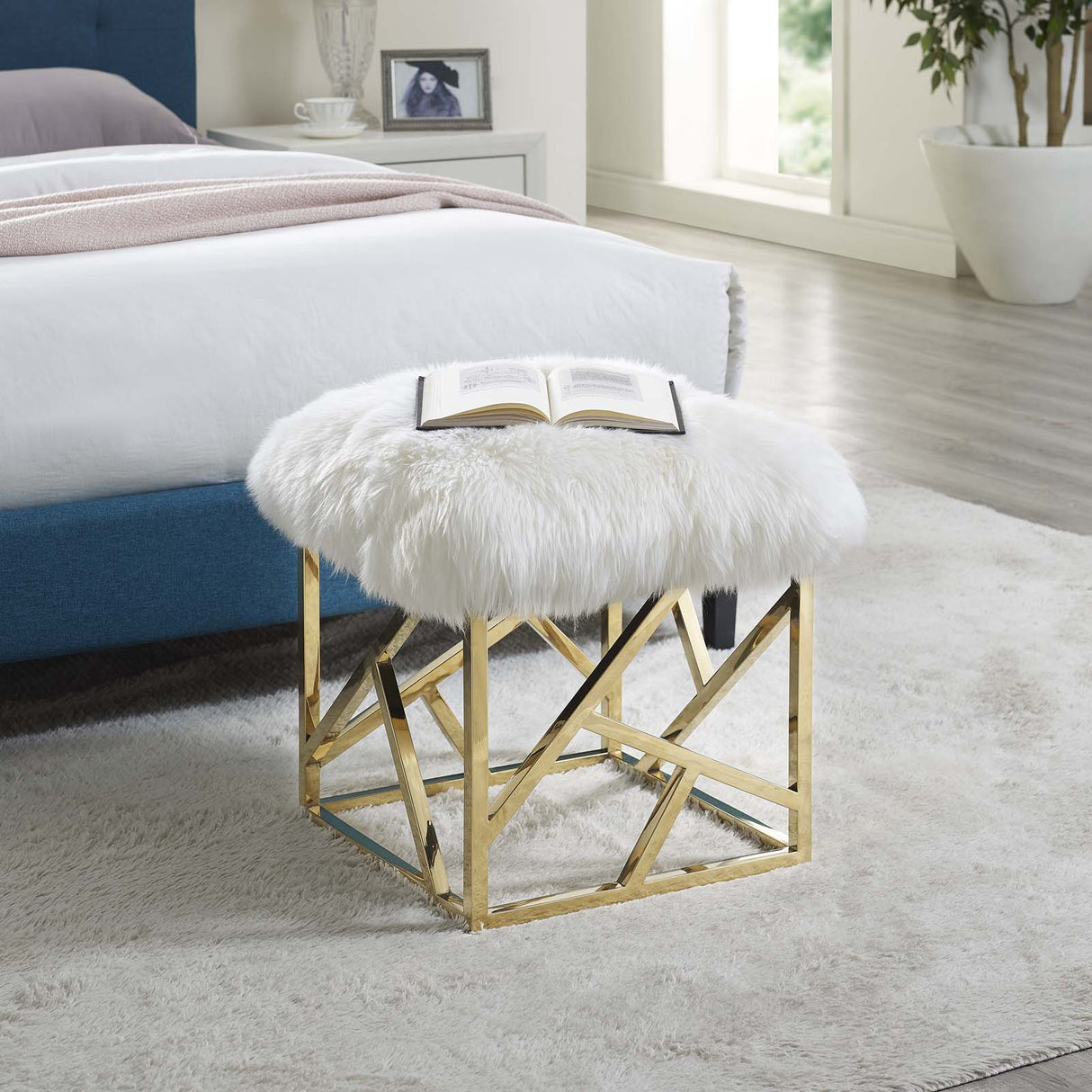 Modern Contemporary Intersperse Square Gold Footstool Ottoman With Sheepskin Top - White - BUILDMYPLACE