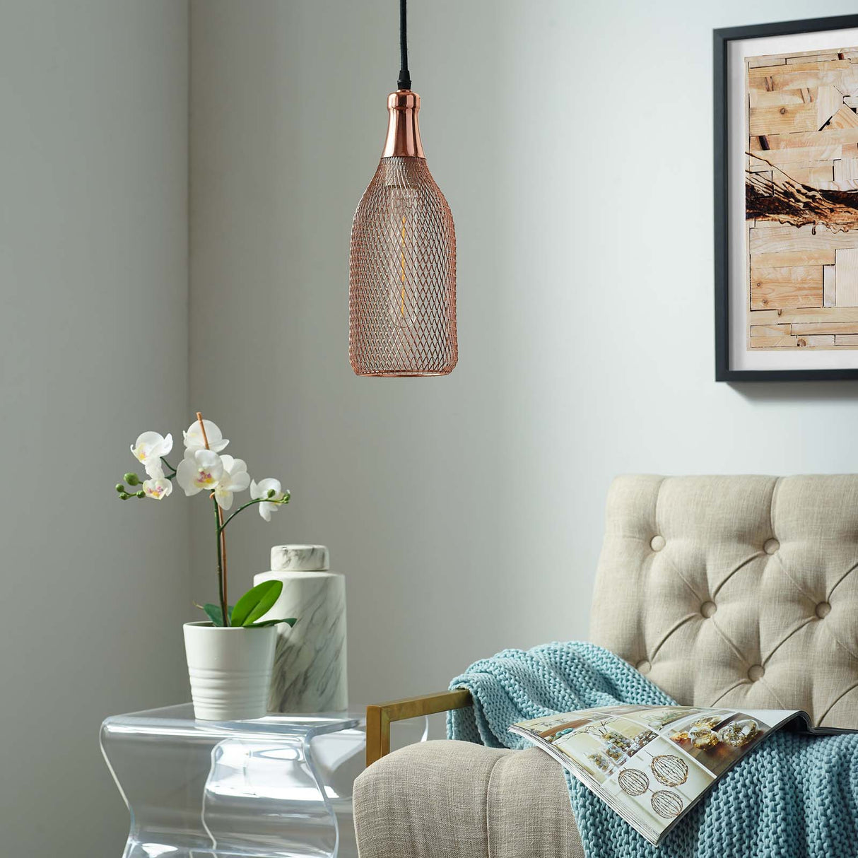 Plated Rose Gold Glimmer Pendant Light - Weaved Metal Wire Pattern W/ Diamond Cutouts - BUILDMYPLACE